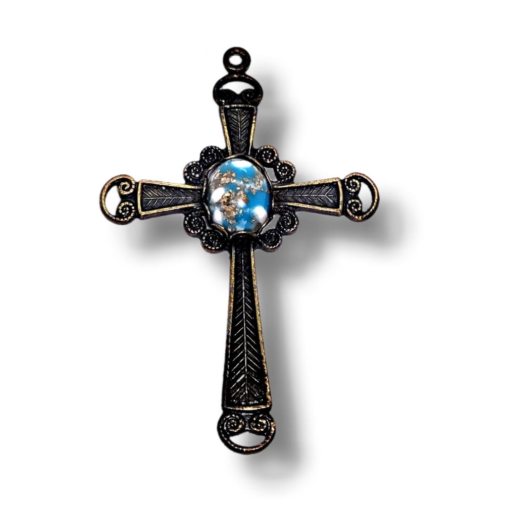N4S Blue Natural Center Stone Cross Pendant with Stainless Steel Necklace